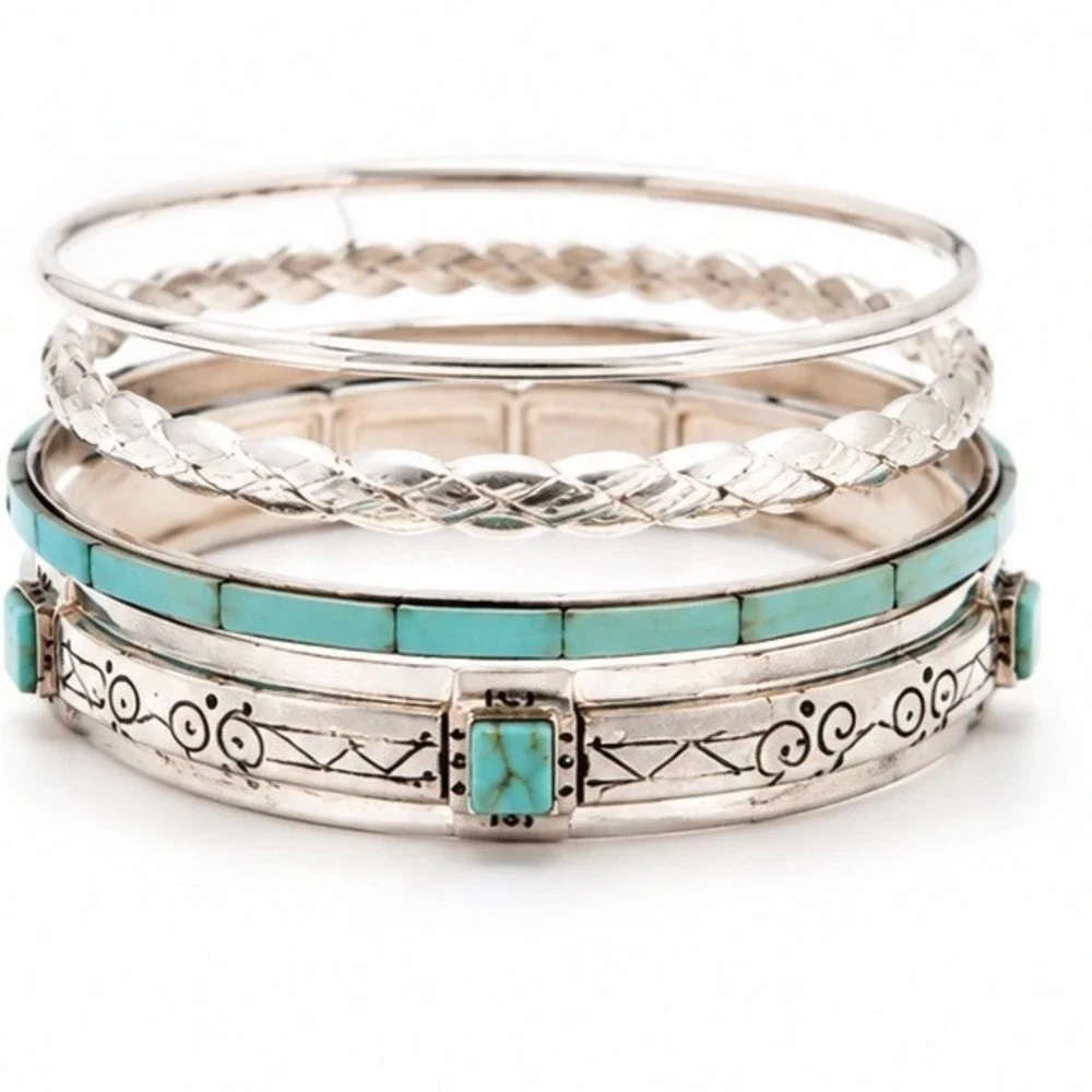 Silver & Turquoise Tone Bangle Bracelet Stack 6 Set Bohemian Southwestern Style